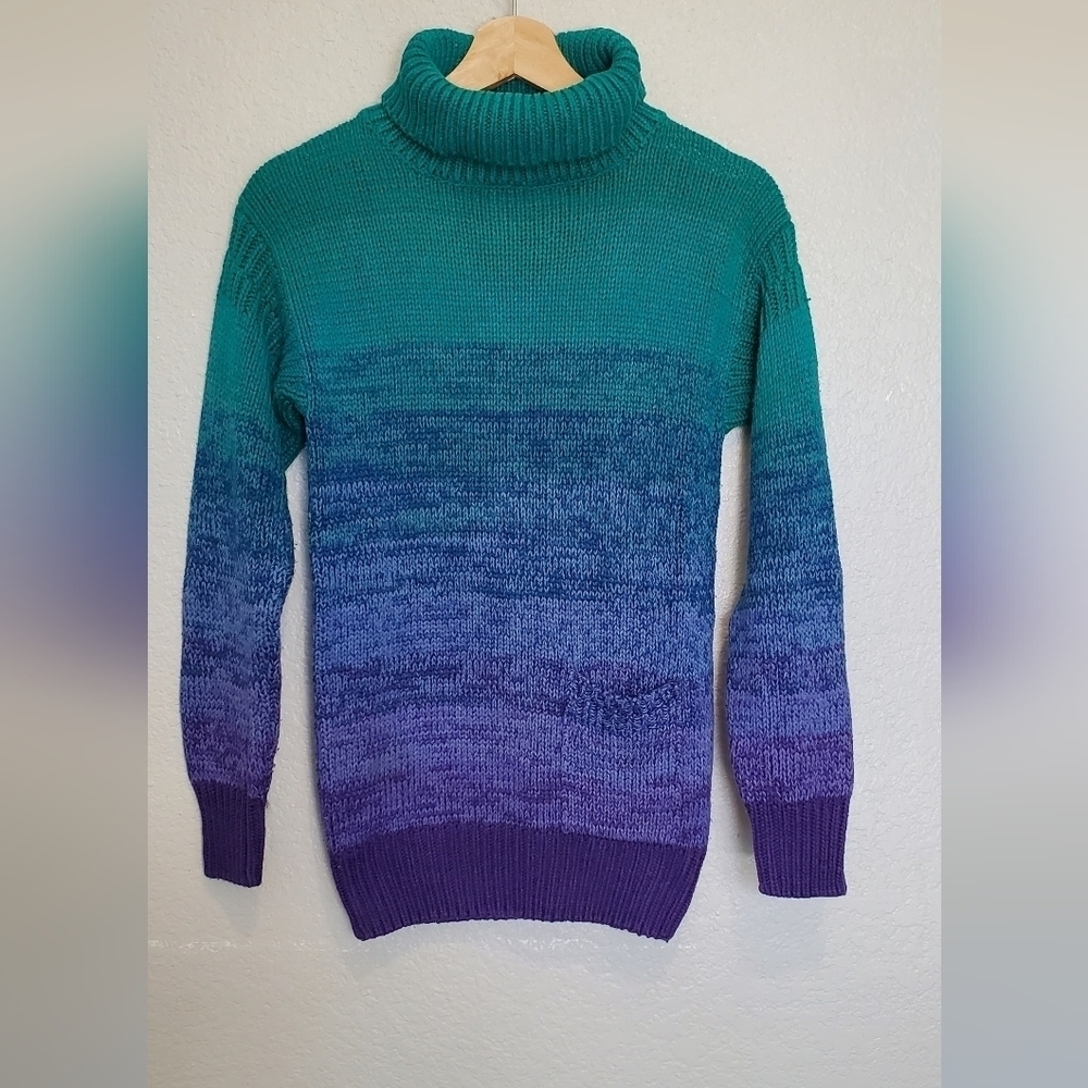 💚5/$25 Jantzen Silk Knit Gradient Turtleneck Sweater Teal Purple Ombre